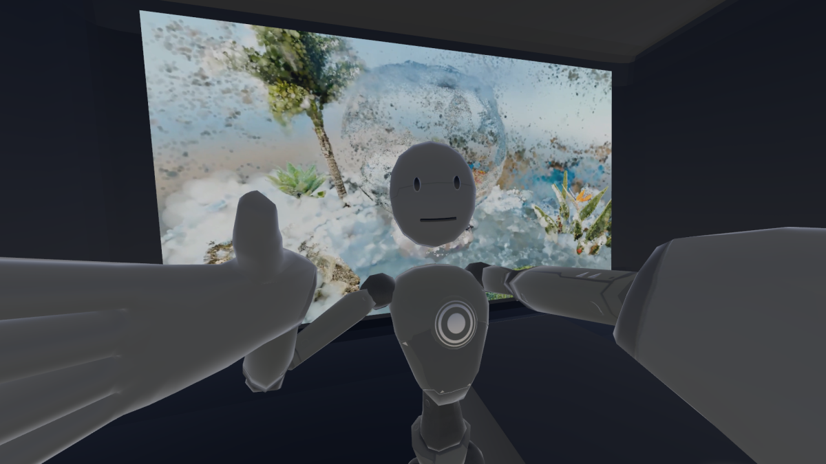 A friendly-looking humanoid robot with a simple face, featuring two black oval eyes and a small smile. The robot has its hands raised in front of it, as if taking a selfie. Behind the avatar is a large, vibrant display of an abstract image that features a translucent globe filled with floating natural elements like plants and a human face partially covered in greenery.