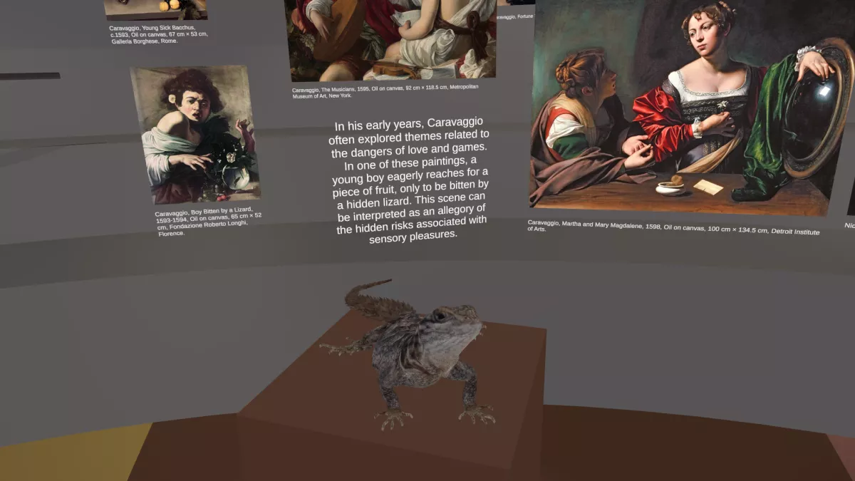 Close-up view of a virtual gallery wall displaying Caravaggio's 'Boy Bitten by a Lizard' with explanatory text about hidden dangers in sensory pleasures. A realistic lizard sits on a pedestal in the foreground, echoing the painting’s theme.