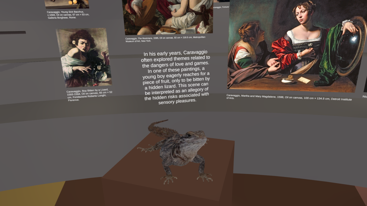 Close-up view of a virtual gallery wall displaying Caravaggio's 'Boy Bitten by a Lizard' with explanatory text about hidden dangers in sensory pleasures. A realistic lizard sits on a pedestal in the foreground, echoing the painting’s theme.