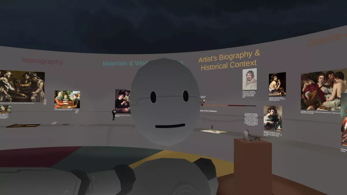 Virtual gallery exhibit on Caravaggio, featuring sections on iconography, materials, biography, and oeuvre. A friendly robot avatar and a lizard on a pedestal appear in the foreground.
