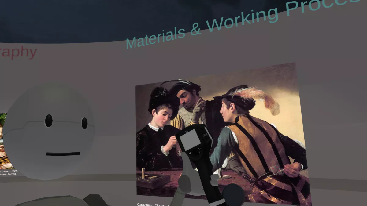 A friendly-looking humanoid robot with a simple face, featuring two black oval eyes and a small smile. The robot has one raised holding an infrared camera. The painting The Cardsharps from Caravaggio appears in the background.