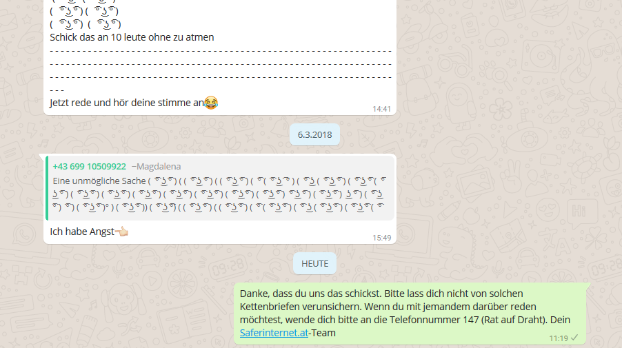 Kind äußert Angst zu einem Kettenbrief im Chat.