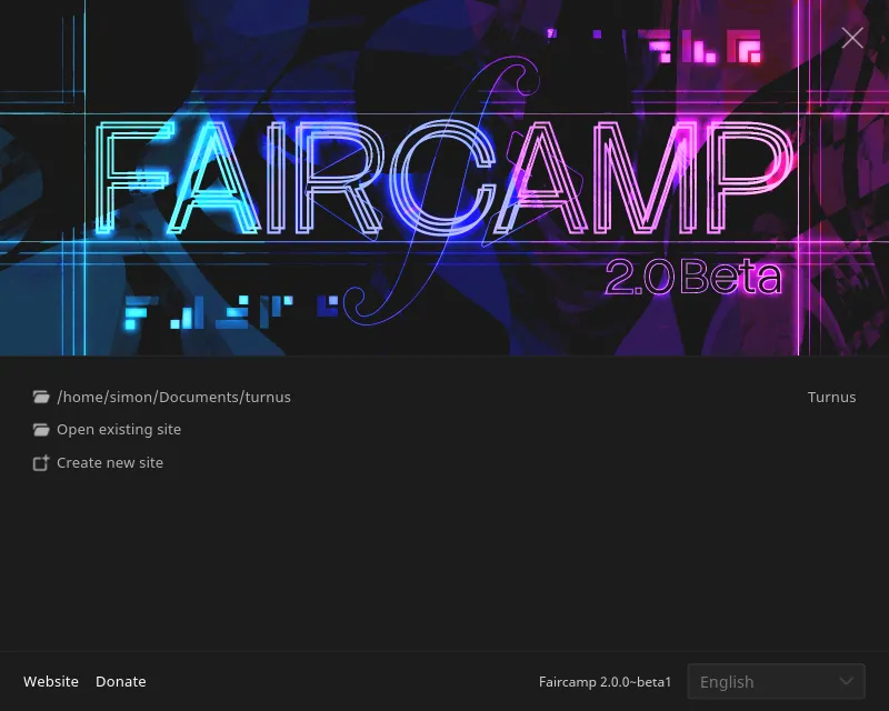Das Startfenster mit einem Headerbild, Bereich für gebookmarkte Seiten, Versionsinformation und Links zur Website und Spendemöglichkeiten