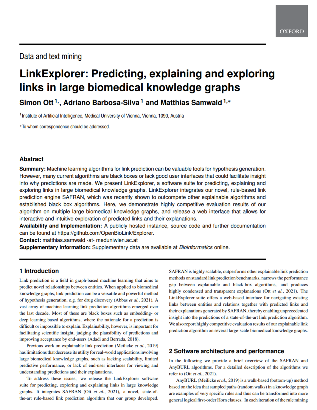 Erste Seite LinkExplorer Manuskriptes für das Journal Bioinformatics