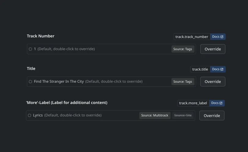 Drei komplexe Formularfelder: Track Nummer, Titel, 'More'-Label.