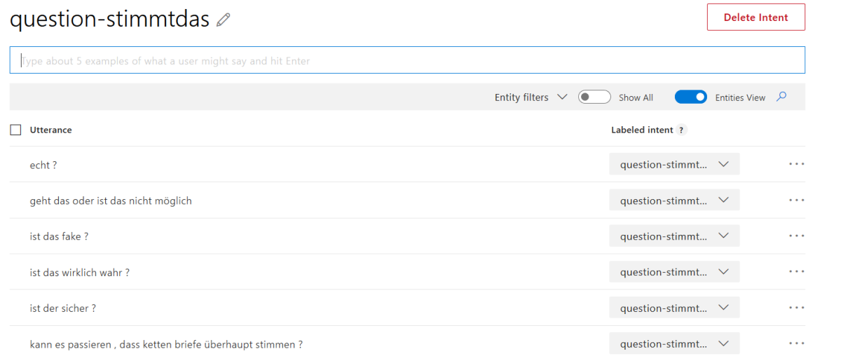 Screenshot von Entities bei LUIS