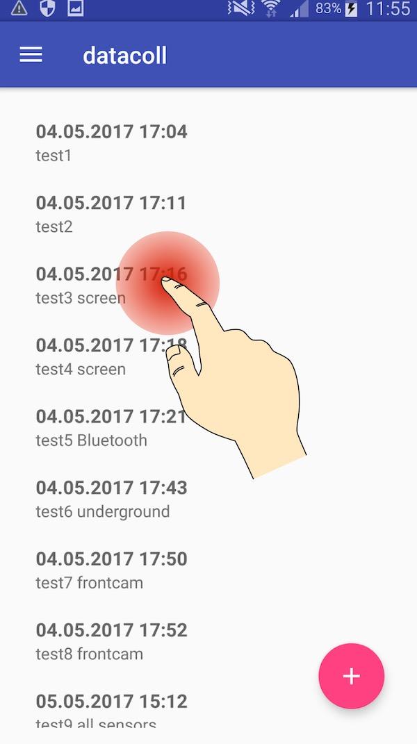 Screenshot der CoConUT App, die den Bildschirm mit den gespeicherten Sessions zeigt. Ein Finger ist über einer der Sessions angezeigt, und ein roter Kreis unter dem Finger zeigt an, dass gerade lange auf eine der Sessions gedrückt wird.