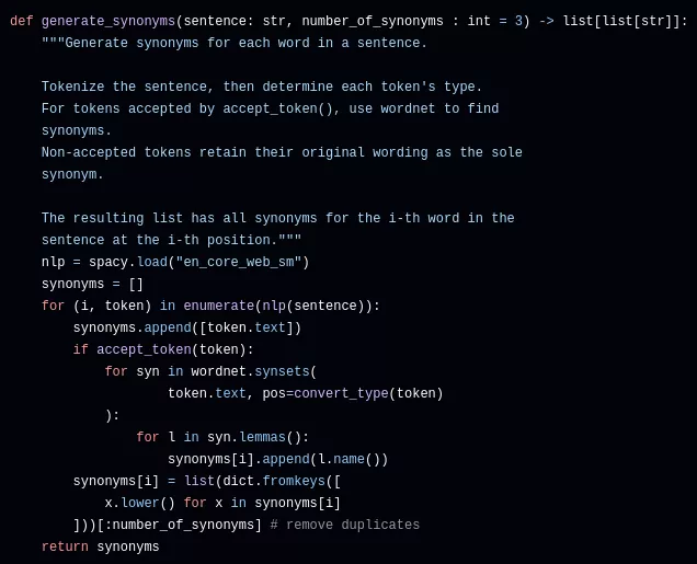 Source code of the generate_synonyms() method