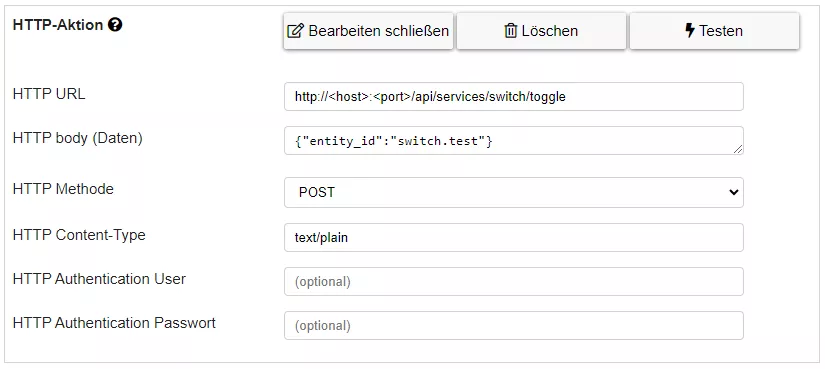 Abbildung 1: Konfiguration der "HTTP-Aktion" in AsTeRICS Grid, um z.B. über die Home Assistant REST-API eine Lampe umzuschalten