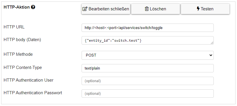 Abbildung 1: Konfiguration der "HTTP-Aktion" in AsTeRICS Grid, um z.B. über die Home Assistant REST-API eine Lampe umzuschalten