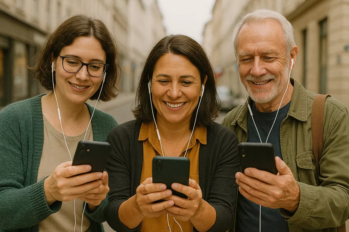 KI-generierte Personas. Zwei Frauen und ein Mann mit Kopfhörern am Smartphone.