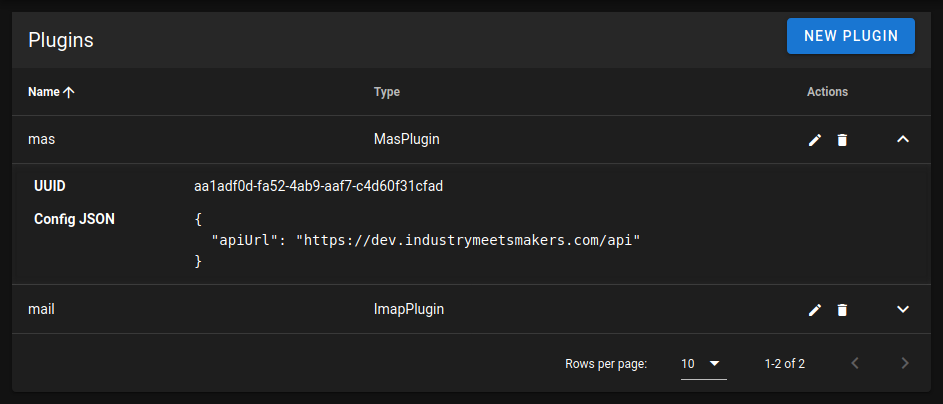 Admin-Oberfläche für Plugin-Verwaltung. Es sind zwei Plugins sichtbar, "mas" und "mail" genannt. Die Konfiguration des "mas"-Plugins ist sichtbar und enthält die URL einer REST API.