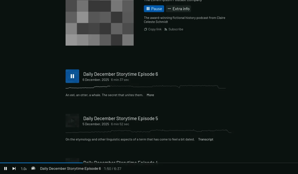 Screenshot einer Faircamp Release Seite, doch einiges ist anders: Mehr Platz zwischen den Tracks, Veröffentlichungsdaten, Beschreibungstexte für jeden Track, etc.