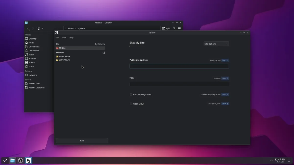 Ein natives Applikationsfenster mit einem File-Manager-artigen Navigationspanel auf der linken, und einem Formularbereich auf der rechten Seite
