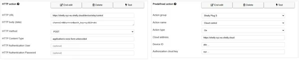 Abbildung 1: Links: für Laien schwer zu konfigurierende HTTP-Aktion, rechts: viel einfach zu konfigurierende vordefinierte Aktion. Beide schalten eine smarte "Shelly Plug S" Steckdose.