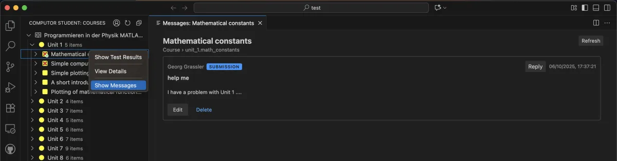 Nachrichtenansicht in der Studierendenansicht: Studierende schreiben Nachrichten an Tutor:innen oder an Luna im selben Thread.