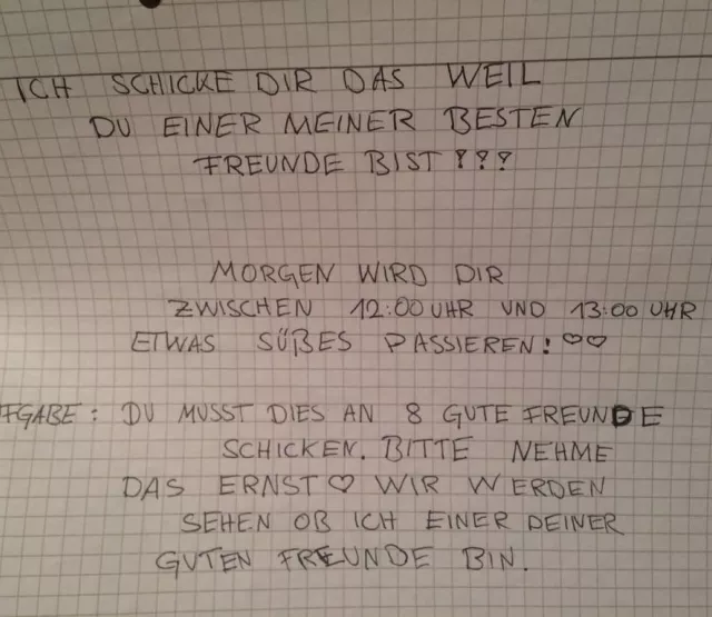 Screenshot eines handgeschriebenen Kettenbriefs.