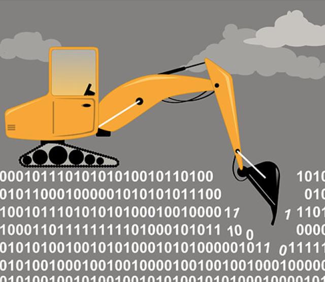 Bagger gräbt in Daten (Quelle: Shutterstock - https://www.shutterstock.com/image-vector/excavator-digging-through-binary-code-metaphor-513585007)