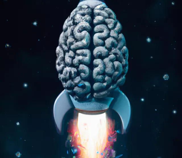 Eine Rakete in Form eines Gehirns, generiert von DALL-E