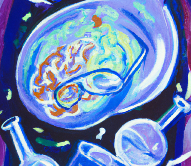 An abstract painting of a brain in space doing chemistry with vials and glasses - generated with Dall-E