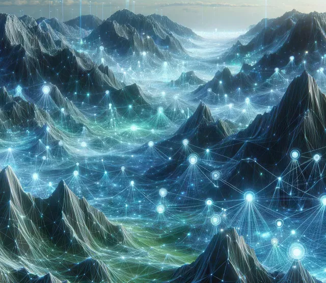 Stylistische Landschaft mit Punkten welche vernetzt sind und die unterschiedlichen Technologien darstellen sollen