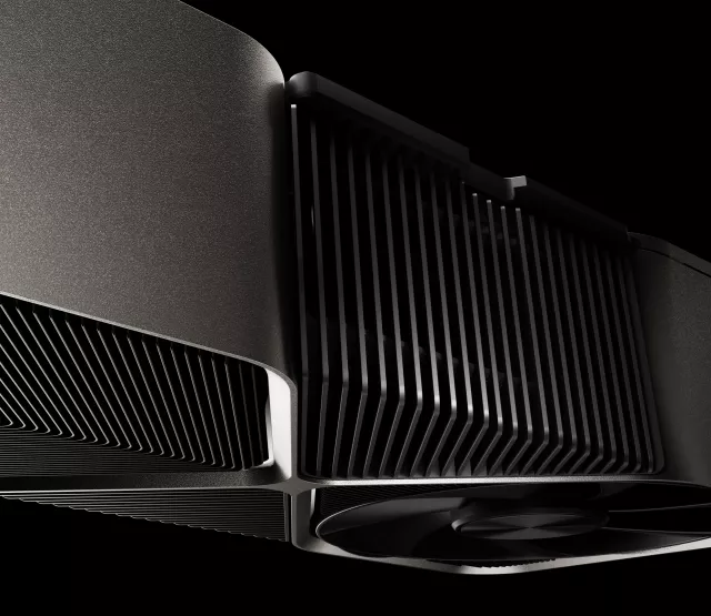 Graphics card, NVIDIA RTX 4090, close-up photo from below showing casing, passive and active cooling facilities.