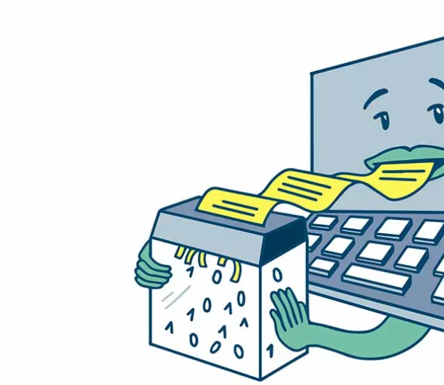 Das Bild zeigt eine Cartoon-Illustration eines Computers mit einem freundlichen Gesicht. Der Computer hat eine Tastatur und der Bildschirm hat einen Mund, der ein langes Blatt Papier isst. Das Papier enthält Textzeilen, die vom Mund des Computers in einen Papierkorb mit binären Zahlen (1 und 0) eingespeist werden. Der Papierkorb hat zwei Hände, die den Papierstreifen festhalten, während er geschreddert wird. Die Illustration symbolisiert das Löschen von Daten oder Texten durch den Computer.