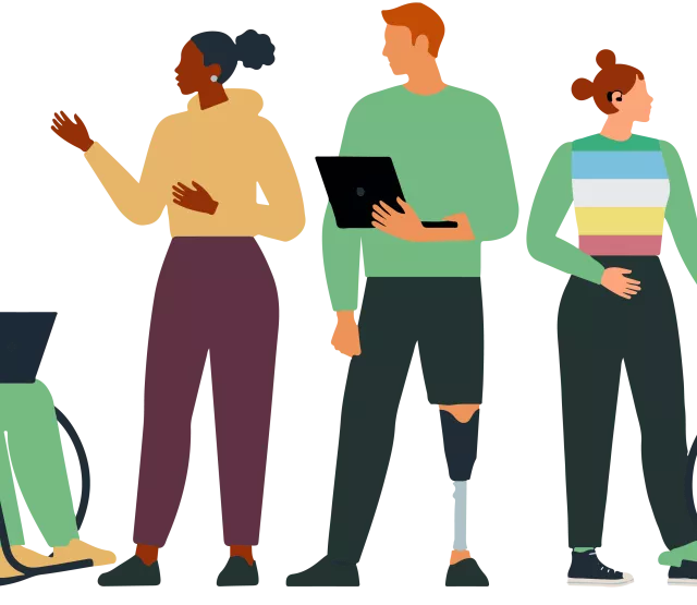 Eine Illustration von 11 Personen, die miteinander kommunizieren. Zwei Personen nutzen einen Rollstuhl. Eine Person nutzt eine Beinprothese. Eine Person gebärdet.