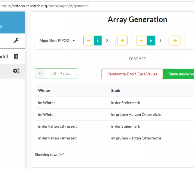 This image shows a screenshot of the generated pairwise test set for the sentence model used in this blog post by the web version of CAgen. 