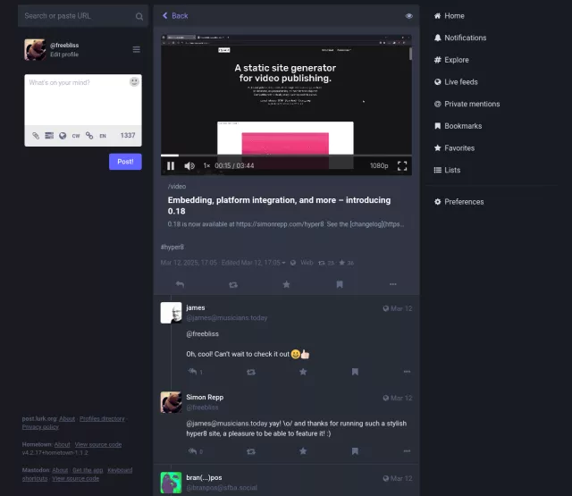 Veröffentlichungspost von Hyper 8 auf Mastodon, man sieht (unter anderem) einen eingebetteten Videoplayer in der Timeline. Der erste Kommentar ist auch noch im Bild und besagt "Oh, cool! Can't wait to check it out"