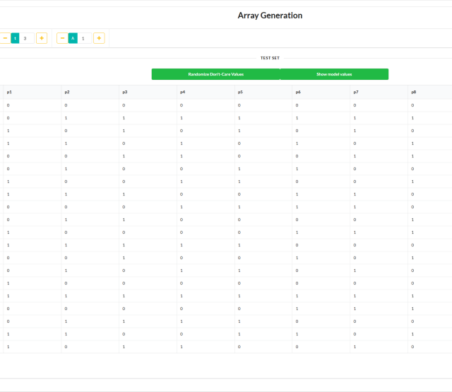 This picture shows a Covering Array in the web-version of CAgen.