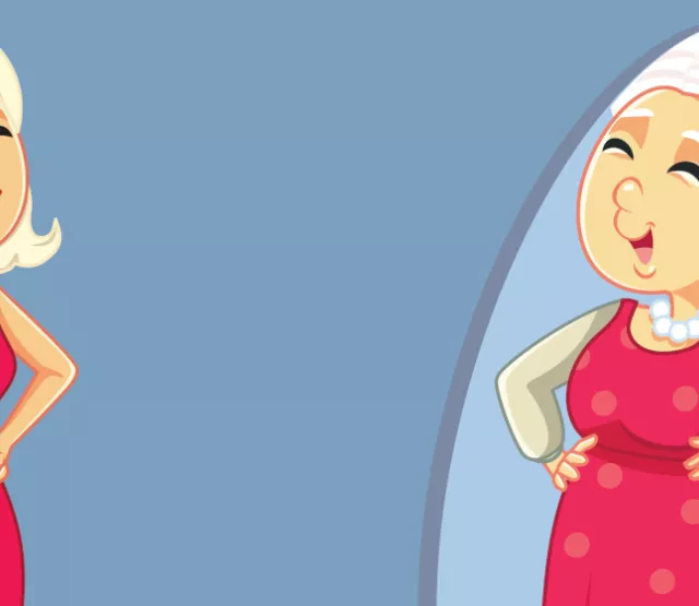 Frau vor intelligentem Spiegel, der ihr gealtertes Spiegelbild zeigt.