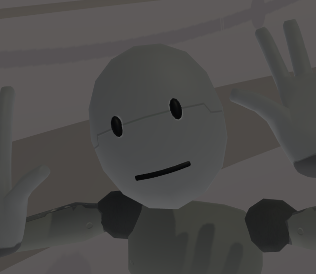 A friendly-looking humanoid robot with a simple face, featuring two black oval eyes and a small smile. The robot has its hands raised in front of it, palms facing outward, as if waving. The background is abstract and softly lit.