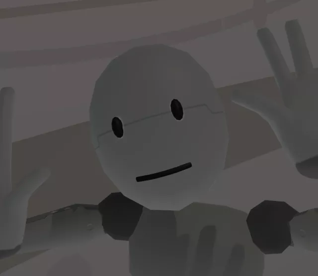 Ein freundlich aussehender humanoider Roboter mit einem einfachen Gesicht, das zwei schwarze ovale Augen und ein kleines Lächeln aufweist. Der Roboter hat die Hände vor sich erhoben, die Handflächen zeigen nach außen, als ob er winken würde. Der Hintergrund ist abstrakt und sanft beleuchtet.