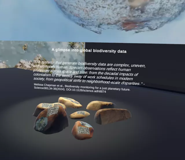 A digital exhibition display showcasing a theme on global biodiversity data. In the center, there is a floating image of a globe with a hazy, semi-transparent texture, appearing to represent biodiversity. Below the globe, a quote discusses the complexity and human influence on biodiversity data. The exhibition is set in a dark, immersive virtual space.