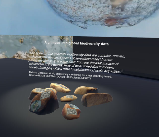 A digital exhibition display showcasing a theme on global biodiversity data. In the center, there is a floating image of a globe with a hazy, semi-transparent texture, appearing to represent biodiversity. Below the globe, a quote discusses the complexity and human influence on biodiversity data. The exhibition is set in a dark, immersive virtual space.