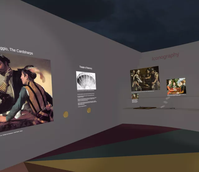 Virtual gallery featuring Caravaggio's 'The Cardsharps' with accompanying educational panels and comparative artworks, under a dark sky. A lizard sits on a pedestal in the foreground on the right side of the picture and looks closely at the Caravaggio.