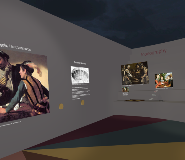 Virtual gallery featuring Caravaggio's 'The Cardsharps' with accompanying educational panels and comparative artworks, under a dark sky. A lizard sits on a pedestal in the foreground on the right side of the picture and looks closely at the Caravaggio.