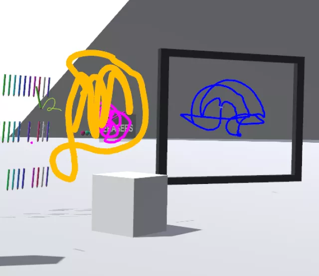 Virtual art gallery with colorful 3D scribbles on pedestals, a framed digital drawing, and geometric sculptures in a minimalistic environment.