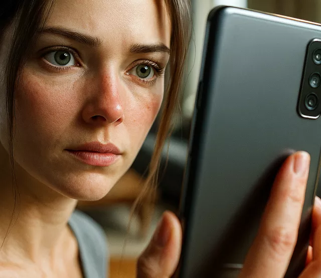 Frau blickt bedrückt auf ihr Smartphone.