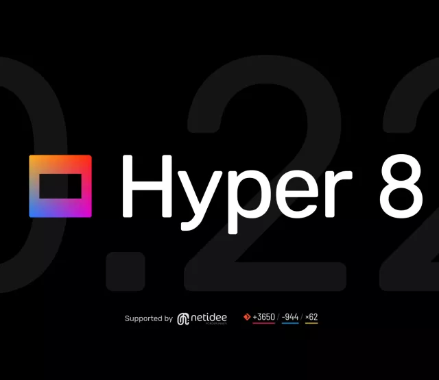 Die Silhouette eines Diarahmens, gezeichnet mit knalligen Farbverläufen. Daneben große weiße Logoschrift: Hyper 8. In riesigen Lettern aber nur subtil im Hintergrund zu lesen: 0.22. Darunter, im Vordergrund, ein Untertitel: Supported by netidee Förderungen