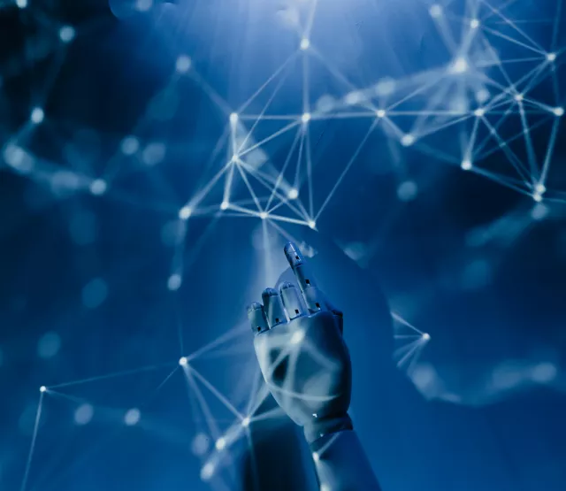 Stock image - robot hand touching light mesh