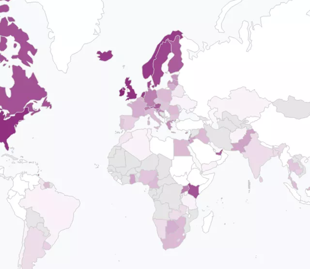 a map of the world with the percentage of residents who speak english