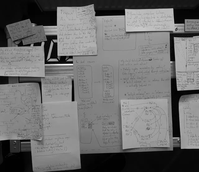 Schwarz-weiss Foto von handgeschrieben, verschiedenformatigen Zetteln die gitterförmig (teils überlappend) nebeneinander angeordnet sind. Auf den Zetteln sind verschiedenste Notizen, technische Pläne, Diagramme, Fragen, etc.