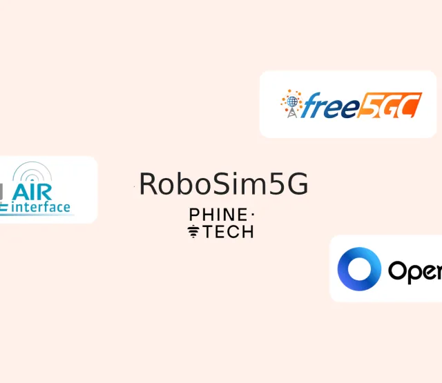 free5gc, open5gs and openairinterface logos placed around RoboSim5G and phine.tech logo