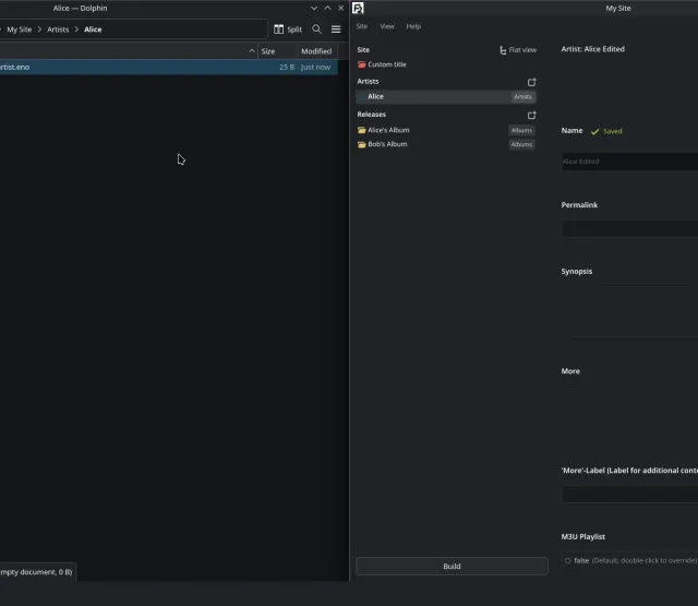 Eine Faircamp Seite aus Backend Sicht: Im Filebrowser (links) und im grafischen User Interface (rechts) – beide Seiten interagieren miteinander