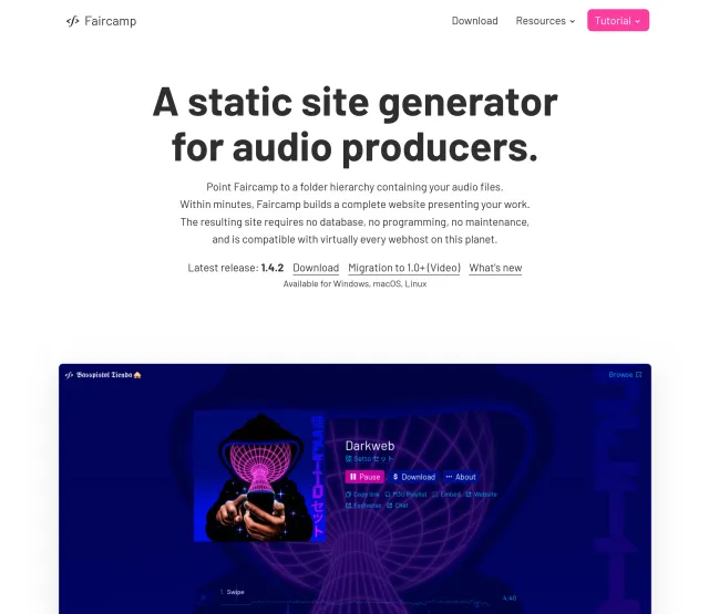 Screenshot der Faircamp Website. Prominent angezeigte Überschrift: "A static site generator for audio producers"