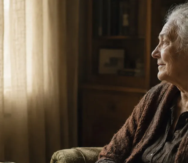 old women, sitting quietly by a large window in a softly lit living room , KI generated