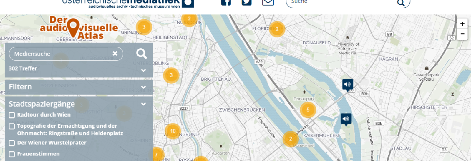 Einstiegsseite Des akustischen Wiener Onlinestadtplans der Mediathek (Projektwerweiterung in Arbeit)
