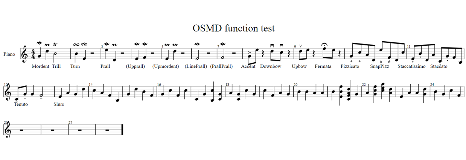 OSMD Funktionstest: Überblick über Ornamente, Artikulationen, Lyrics & Bindebögen